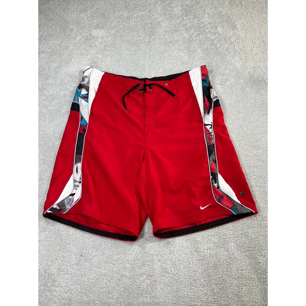 Nike Mens Board Shorts Swim Trunks Red Graphic Side Panels Mesh Lining Large